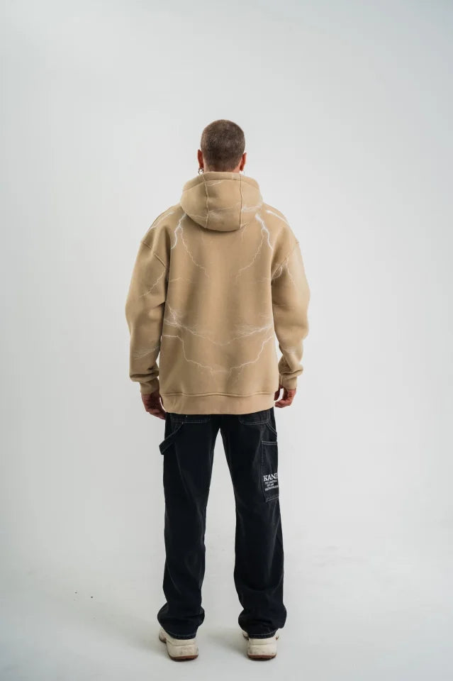Erkek Şimşek Baskılı Kapşonlu Sweatshirt Üç İplik Pamuklu Kanguru Cepli Double Oversize Hoodie - Bej (181795)