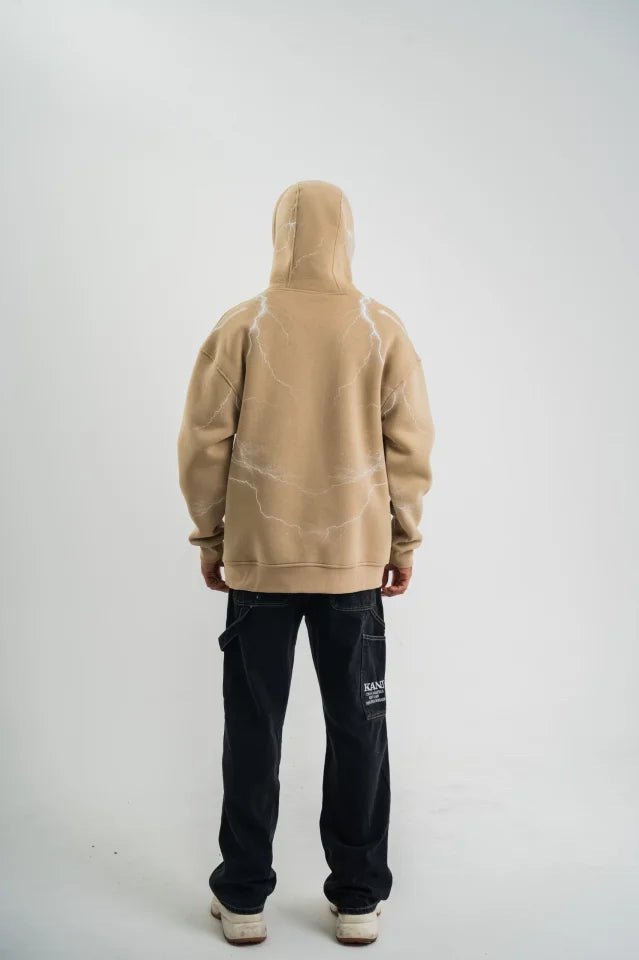 Erkek Şimşek Baskılı Kapşonlu Sweatshirt Üç İplik Pamuklu Kanguru Cepli Double Oversize Hoodie - Bej (181795)