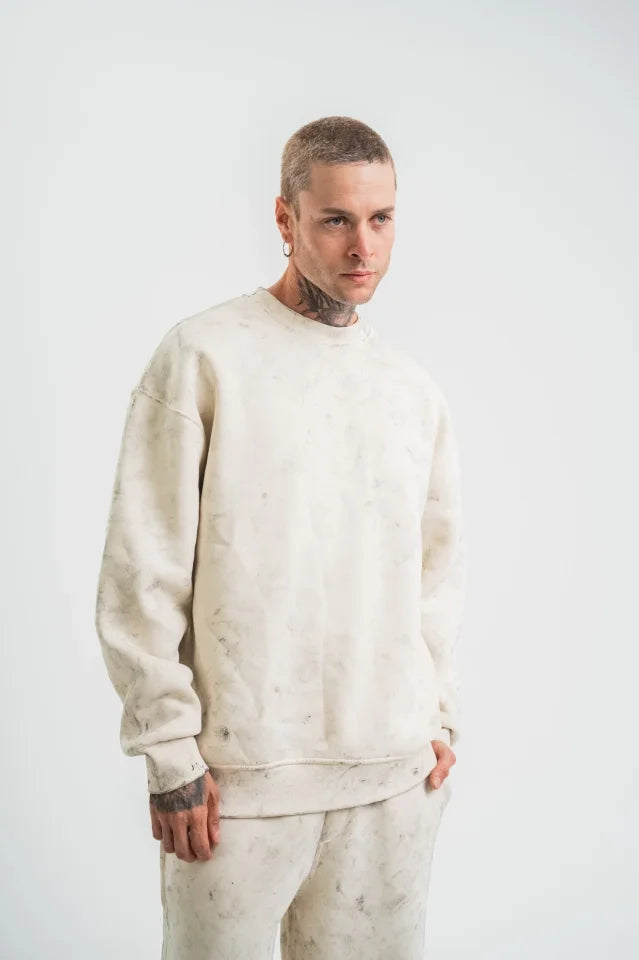 Erkek 3 İplik Pamuklu Yağ Yıkamalı Sweatshirt Double Oversize Bisiklet Yaka Uzun Kol - Krem (181799)