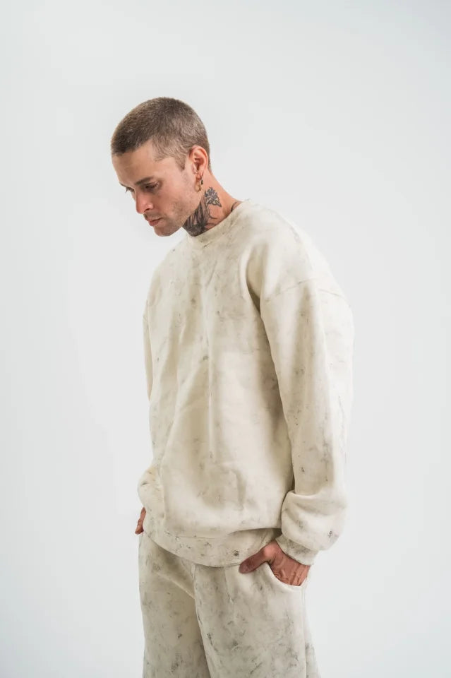 Erkek 3 İplik Pamuklu Yağ Yıkamalı Sweatshirt Double Oversize Bisiklet Yaka Uzun Kol - Krem (181799)