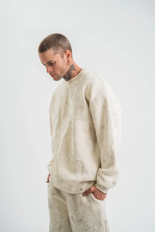 Erkek 3 İplik Pamuklu Yağ Yıkamalı Sweatshirt Double Oversize Bisiklet Yaka Uzun Kol - Krem (181799)