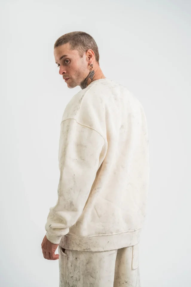 Erkek 3 İplik Pamuklu Yağ Yıkamalı Sweatshirt Double Oversize Bisiklet Yaka Uzun Kol - Krem (181799)