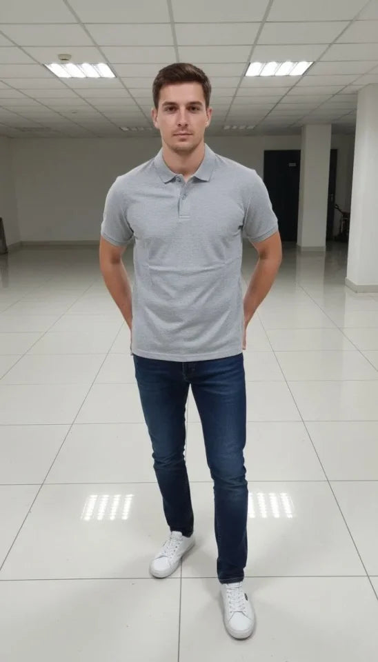 Erkek Pike Kumaş Düğmeli Yaka Regular Fit Günlük Kısa Kol Tişört T-shirt - Gri (181979)
