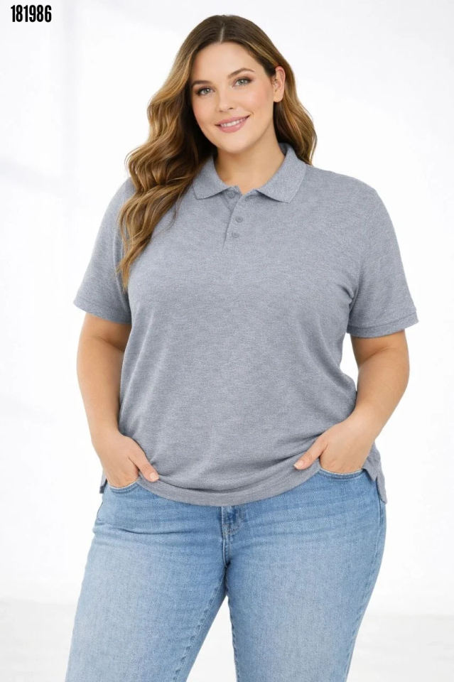 Pike Kumaş Düğmeli Yaka Battal Büyük Beden Günlük Kısa kol Tişört Tshirt Gri