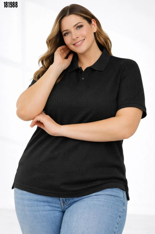 Pike Kumaş Düğmeli Yaka Battal Büyük Beden Günlük Kısa kol Tişört Tshirt Siyah