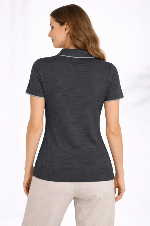 Triko Kumaş Yakalı Düğmesiz Açık Yaka Fitilli Kısa Kollu Regular Fit Tişört T-shirt - Siyah (182405)