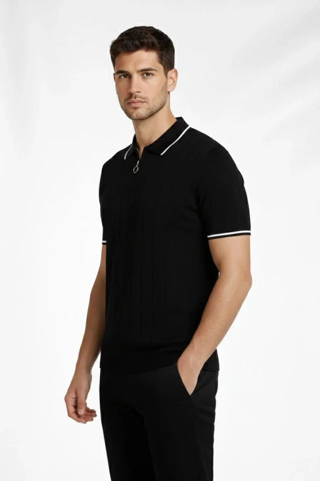 Erkek Fermuarlı Yaka Fitilli Triko Kısa Kollu Regular Fit Tişört T-shirt - Siyah (182422)