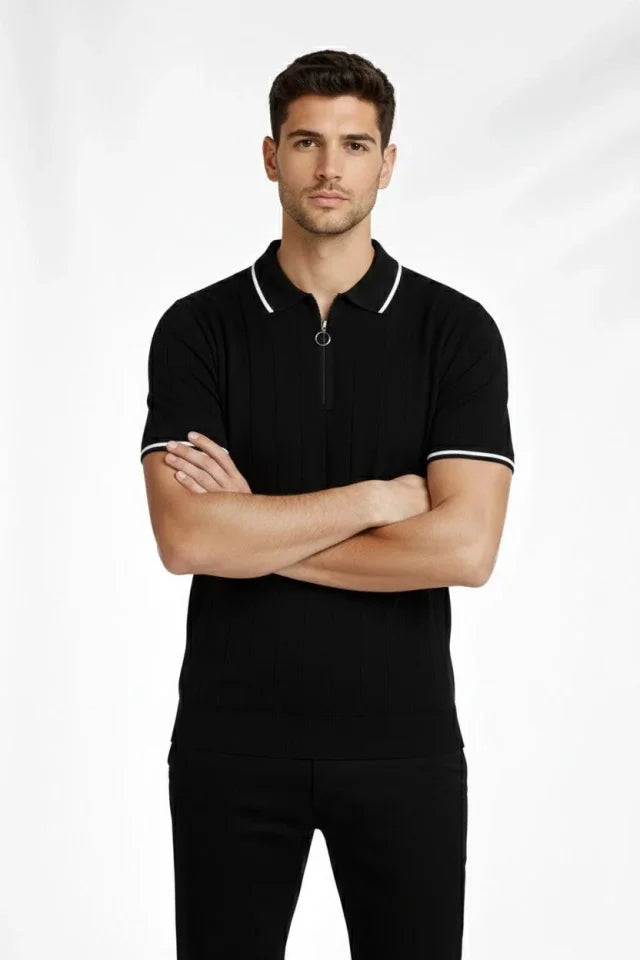 Erkek Fermuarlı Yaka Fitilli Triko Kısa Kollu Regular Fit Tişört T-shirt - Siyah (182422)
