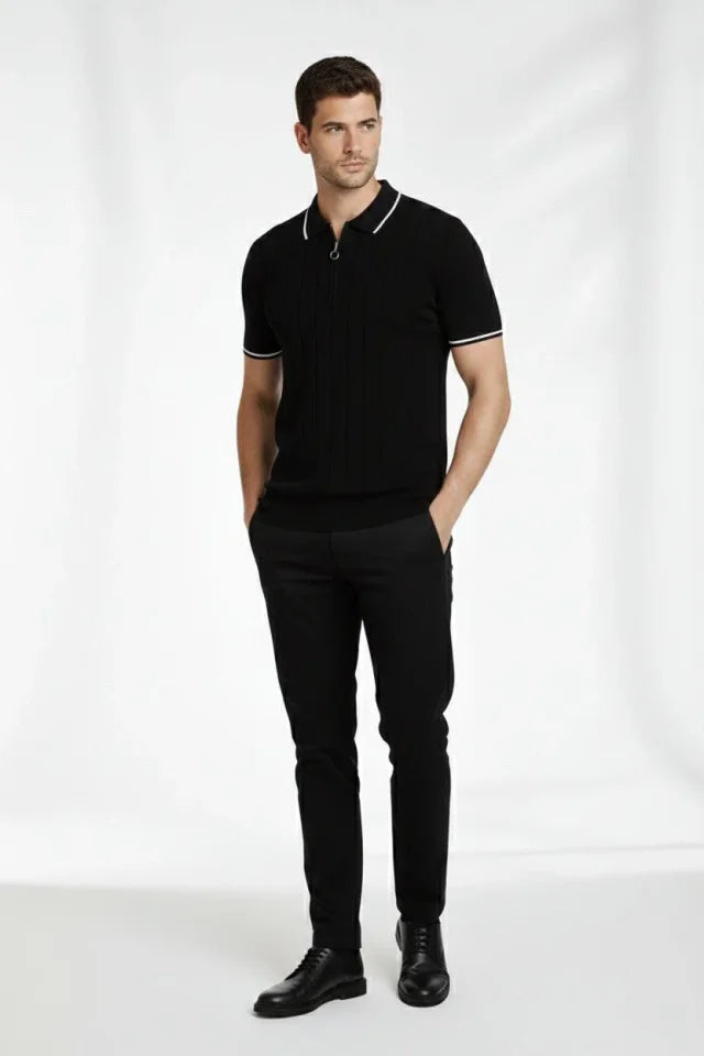 Erkek Fermuarlı Yaka Fitilli Triko Kısa Kollu Regular Fit Tişört T-shirt - Siyah (182422)