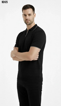 Erkek Triko Kumaş Yakalı Düğmesiz Açık Yaka Fitilli Kısa Kollu Regular Fit Tişört Tshirt Siyah