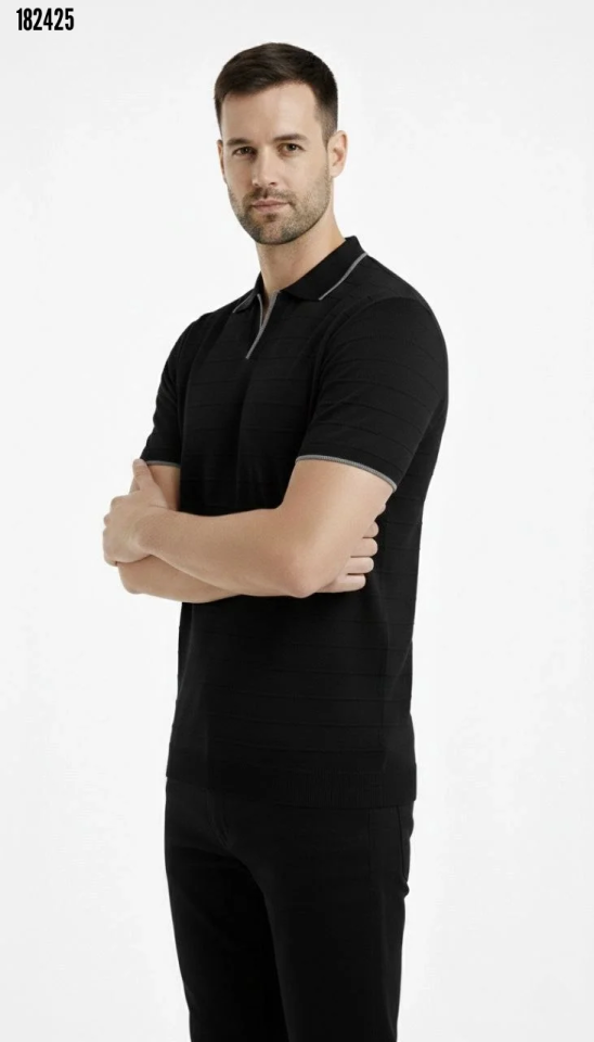Erkek Triko Kumaş Yakalı Düğmesiz Açık Yaka Fitilli Kısa Kollu Regular Fit Tişört Tshirt Siyah