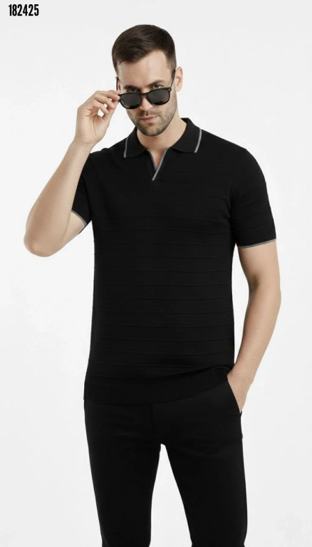 Erkek Triko Kumaş Yakalı Düğmesiz Açık Yaka Fitilli Kısa Kollu Regular Fit Tişört Tshirt Siyah