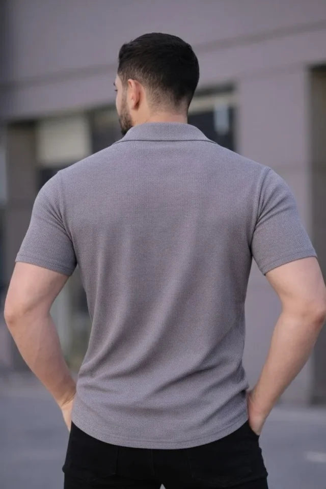 Erkek Waffle Kumaş Kısa Kollu Düğmeli Açık Yaka Regular Fit Gömlek - Gri (182573)