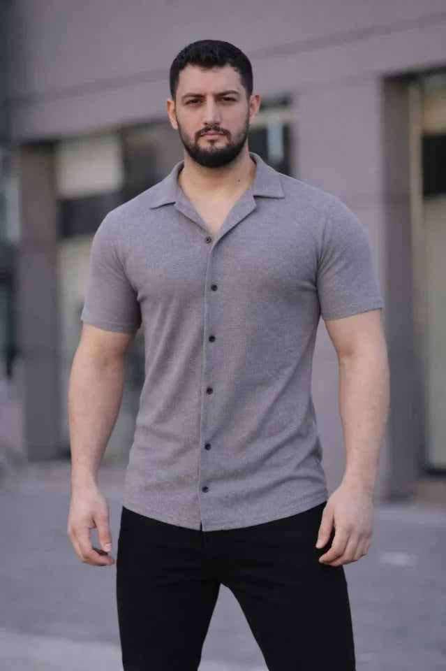 Erkek Waffle Kumaş Kısa Kollu Düğmeli Açık Yaka Regular Fit Gömlek - Gri (182573)