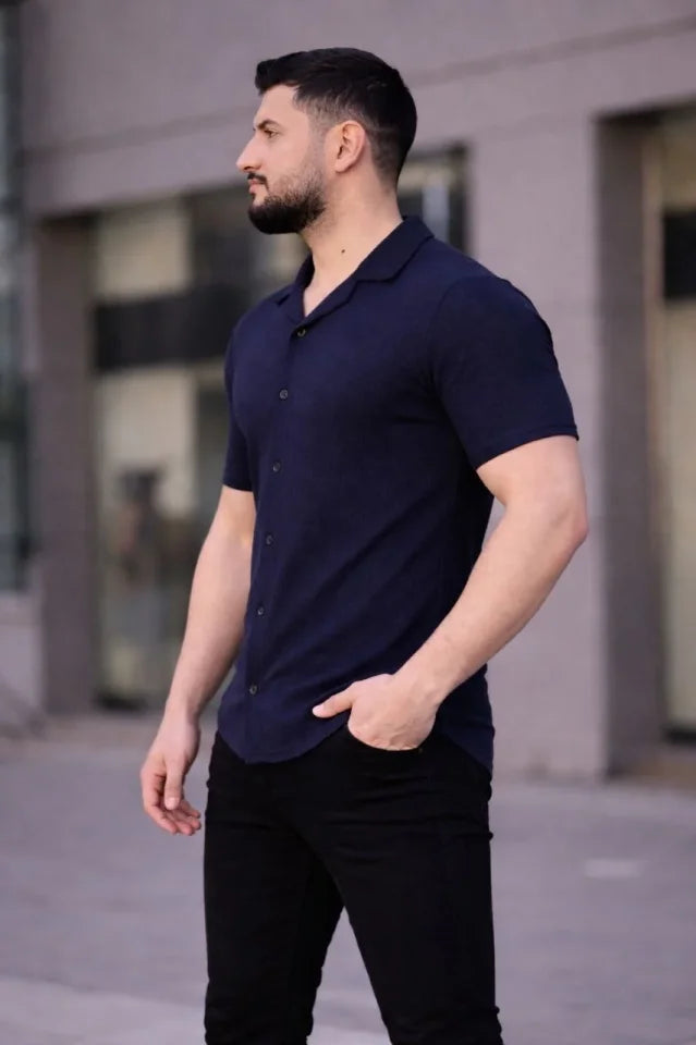Erkek Waffle Kumaş Kısa Kollu Düğmeli Açık Yaka Regular Fit Gömlek - Lacivert (182574)