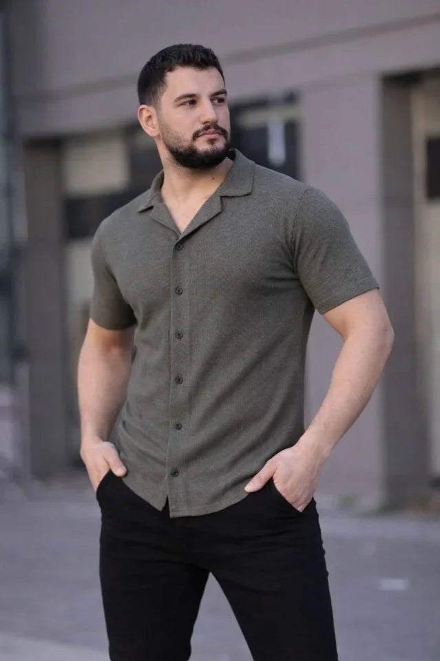 Erkek Waffle Kumaş Kısa Kollu Düğmeli Açık Yaka Regular Fit Gömlek - Haki (182576)