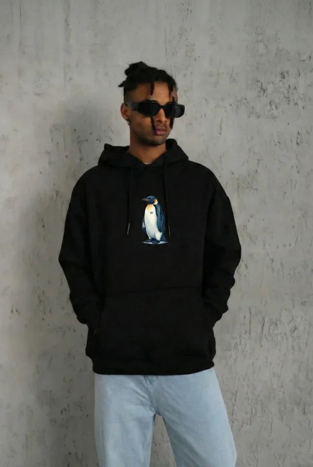 Siyah Oversize Hoodie - Sırt Baskılı Survivor Penguin Temalı, Felsefi Yazılı Kapüşonlu Sweatshirt - Siyah (182650)