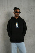 Siyah Oversize Hoodie - Sırt Baskılı Survivor Penguin Temalı, Felsefi Yazılı Kapüşonlu Sweatshirt - Siyah (182650)