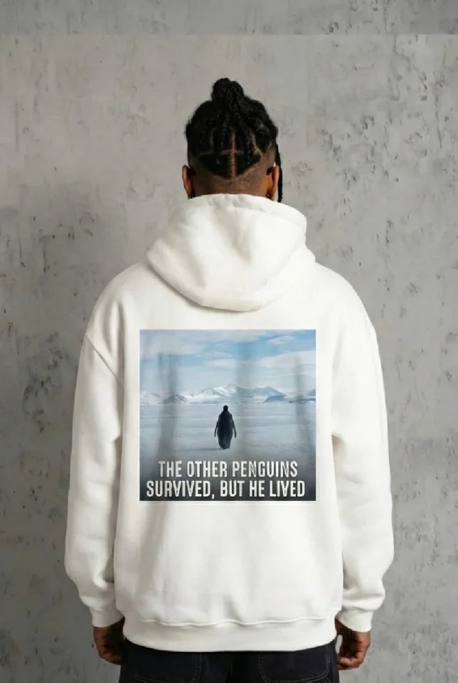 Siyah Oversize Hoodie - Sırt Baskılı Survivor Penguin Temalı, Felsefi Yazılı Kapüşonlu Sweatshirt - Beyaz (182651)