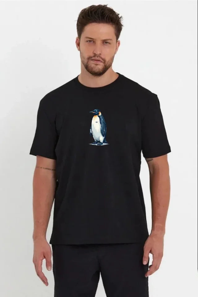 Erkek Oversize Tişört - Sırt Baskılı Survivor Penguin Temalı, Felsefi Yazılı Bisiklet Yaka Tişört - Siyah (182700)