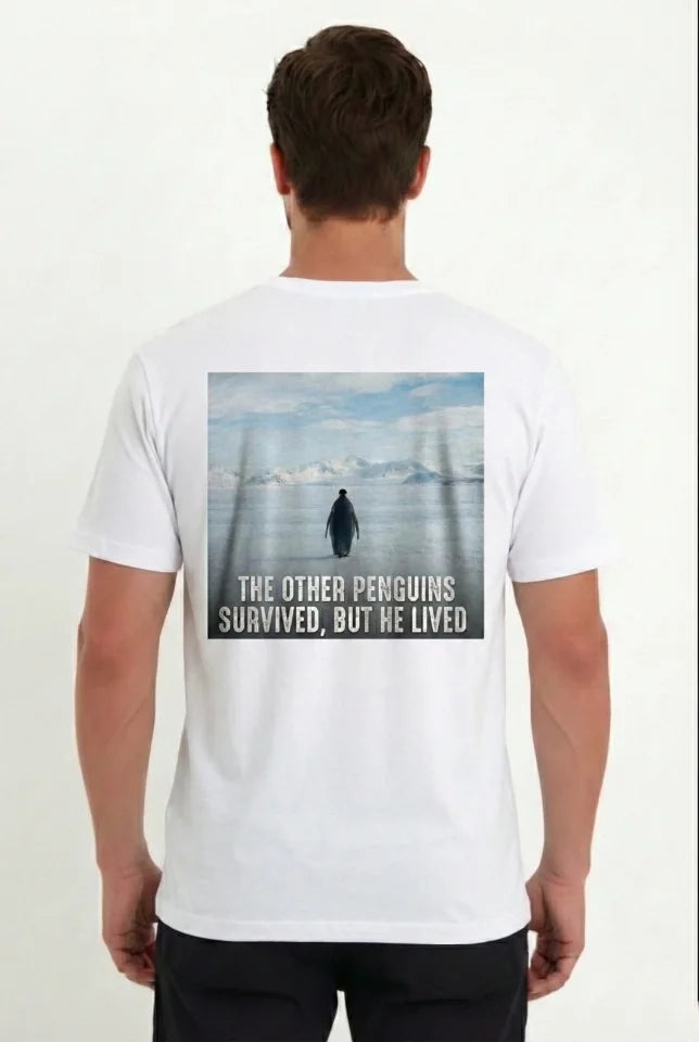 Erkek Oversize Tişört - Sırt Baskılı Survivor Penguin Temalı, Felsefi Yazılı Bisiklet Yaka Tişört - Beyaz (182701)