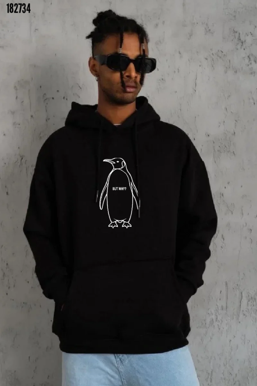 Erkek Nihilist Penguen Özel Tasarım Oversize Kapüşonlu Sweatshirt Siyah