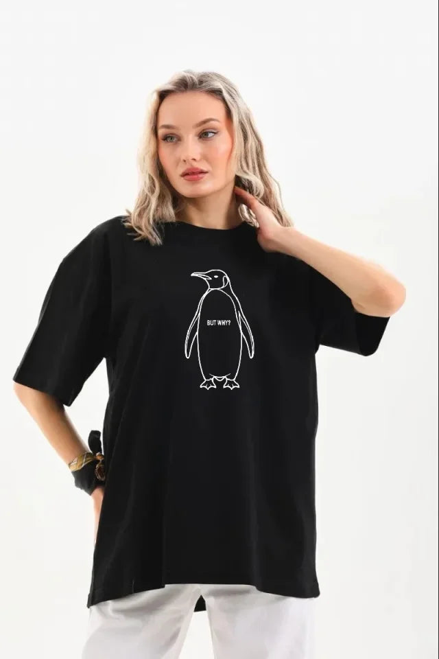 Nihilist Penguen Özel Tasarım Oversize Bisiklet Yaka Tişört - Siyah (182737)