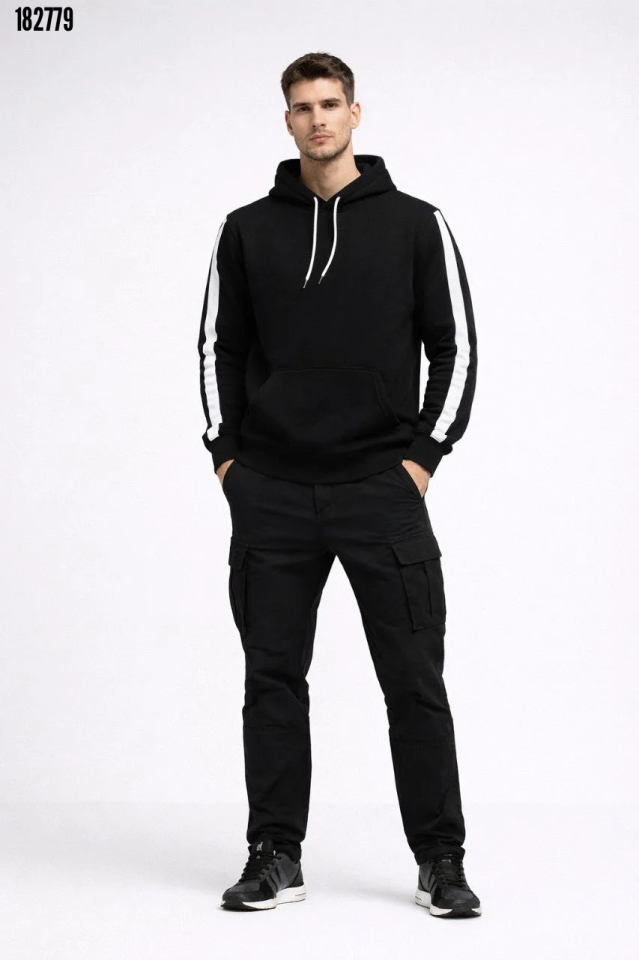 Erkek Şeritli Kapüşonlu Sweatshirt Siyah