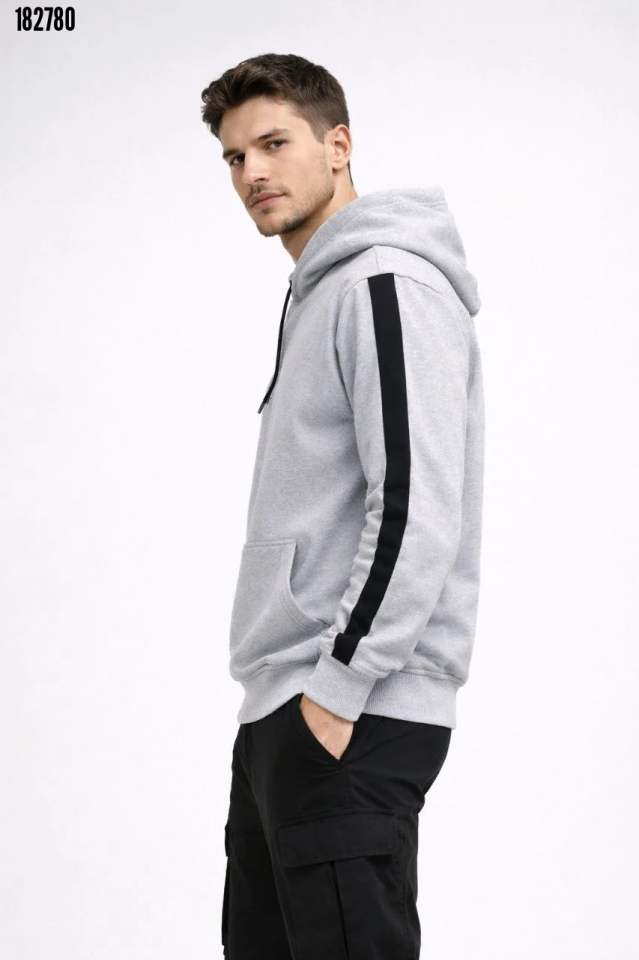 Erkek Şeritli Kapüşonlu Sweatshirt Oversize 3 İplik Pamuklu Beyaz