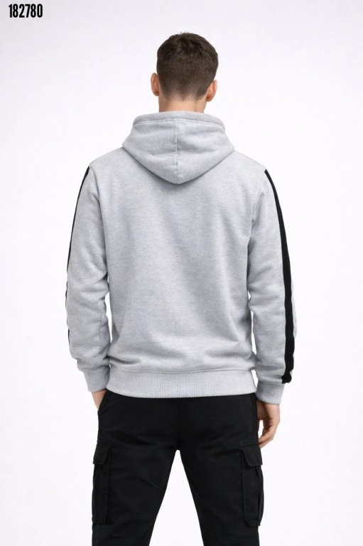 Erkek Şeritli Kapüşonlu Sweatshirt Oversize 3 İplik Pamuklu Beyaz