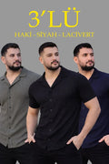 Erkek Waffle Dokuma Açık Yakalı Düğmeli Regular Kalıp 3’lü Gömlek Seti - Siyah, Haki, Lacivert (182853)