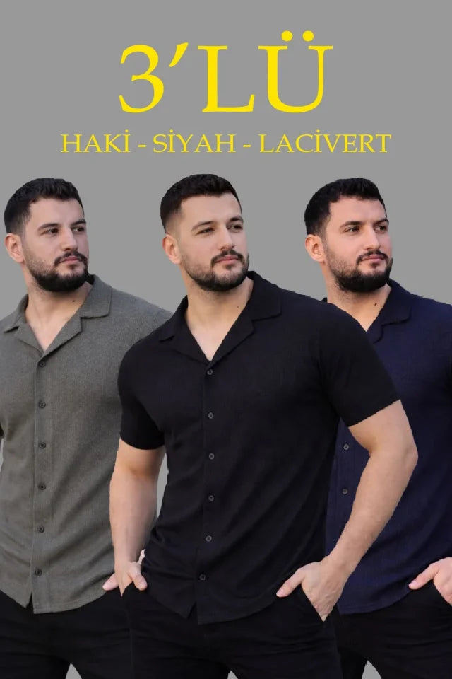 Erkek Waffle Dokuma Açık Yakalı Düğmeli Regular Kalıp 3’lü Gömlek Seti - Siyah, Haki, Lacivert (182853)