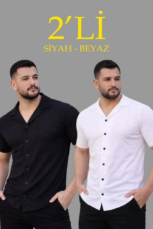 Erkek Waffle Dokuma Açık Yakalı Düğmeli Regular Kalıp 2’li Gömlek Seti - Siyah - Beyaz (182857)