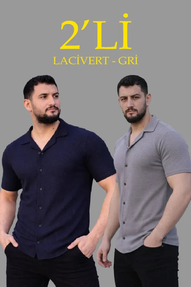 Erkek Waffle Dokuma Açık Yakalı Düğmeli Regular Kalıp 2’li Gömlek Seti - Lacivert - Gri (182859)