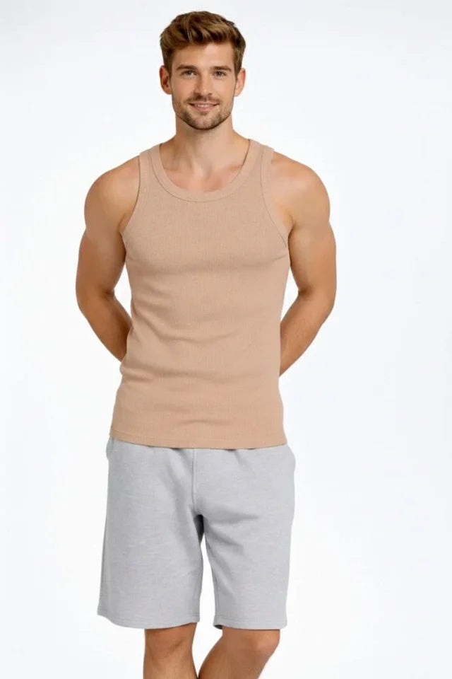Erkek Fitilli Atlet Sıfır Yaka Slim Fit Arka Baskılı Spor Atlet - Bej (182977)