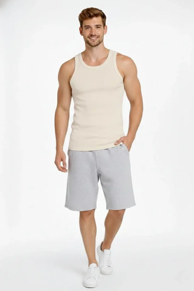Erkek Fitilli Atlet Sıfır Yaka Slim Fit Arka Baskılı Spor Atlet - Krem (182979)