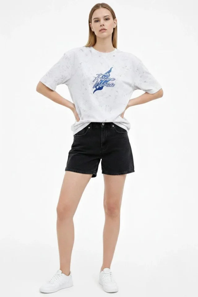 Asit Yıkamalı Oversize Tişört Future Worlds Baskılı Bisiklet Yaka Kısa Kollu Streetwear %100 Pamuk Street Style T-Shirt - Beyaz (183652)