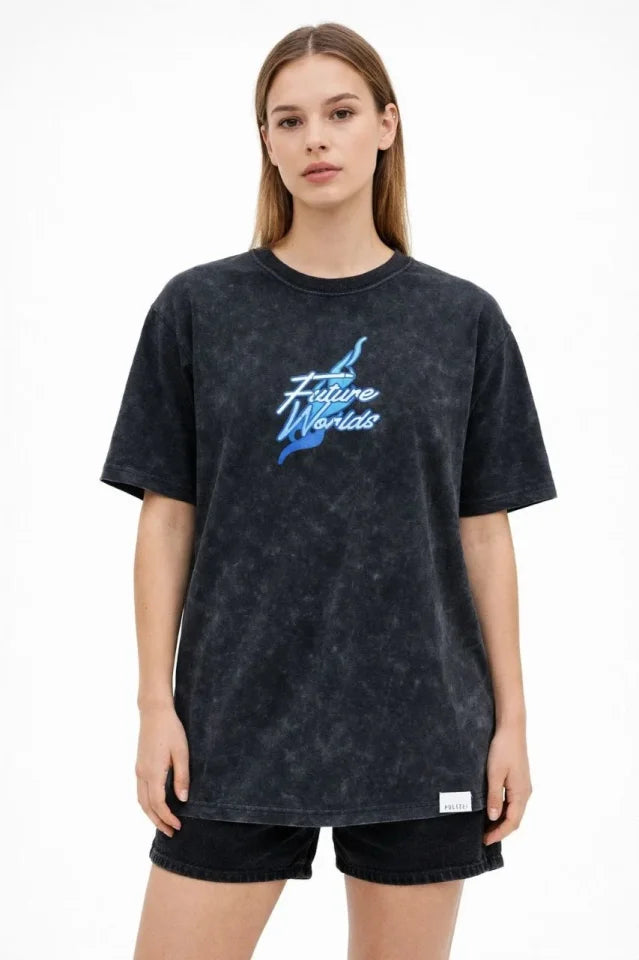 Asit Yıkamalı Oversize Tişört Future Worlds Baskılı Bisiklet Yaka Kısa Kollu Streetwear %100 Pamuk Street Style T-Shirt - Siyah (183653)