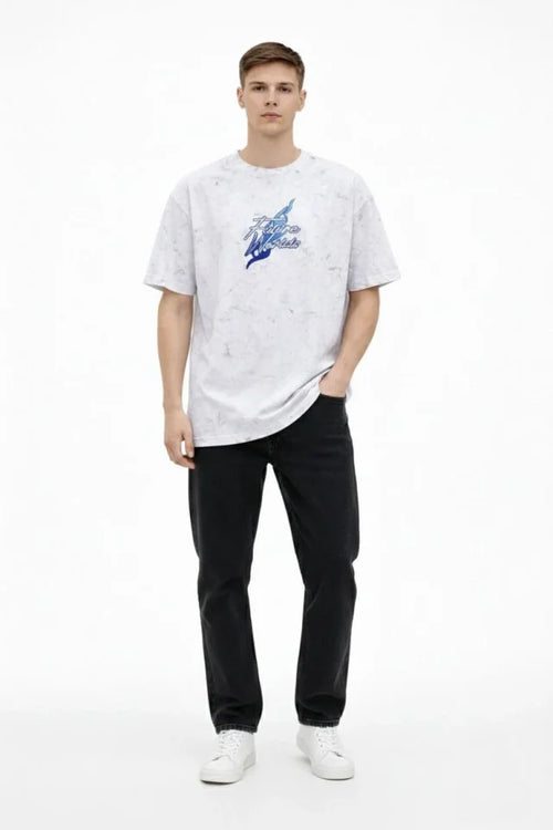 Erkek Asit Yıkamalı Oversize Tişört Future Worlds Baskılı Bisiklet Yaka Kısa Kollu Streetwear %100 Pamuk Street Style T-Shirt - Beyaz (183662)