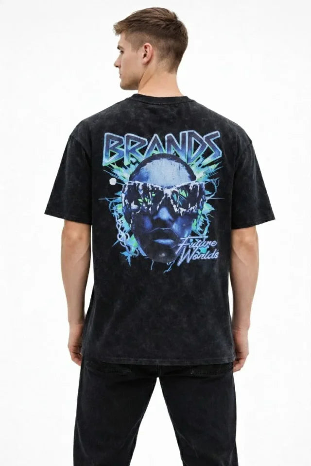 Erkek Asit Yıkamalı Oversize Tişört Future Worlds Baskılı Bisiklet Yaka Kısa Kollu Streetwear %100 Pamuk Street Style T-Shirt - Siyah (183663)