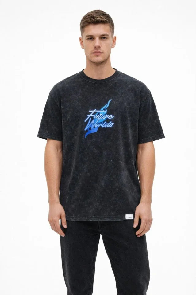 Erkek Asit Yıkamalı Oversize Tişört Future Worlds Baskılı Bisiklet Yaka Kısa Kollu Streetwear %100 Pamuk Street Style T-Shirt - Siyah (183663)