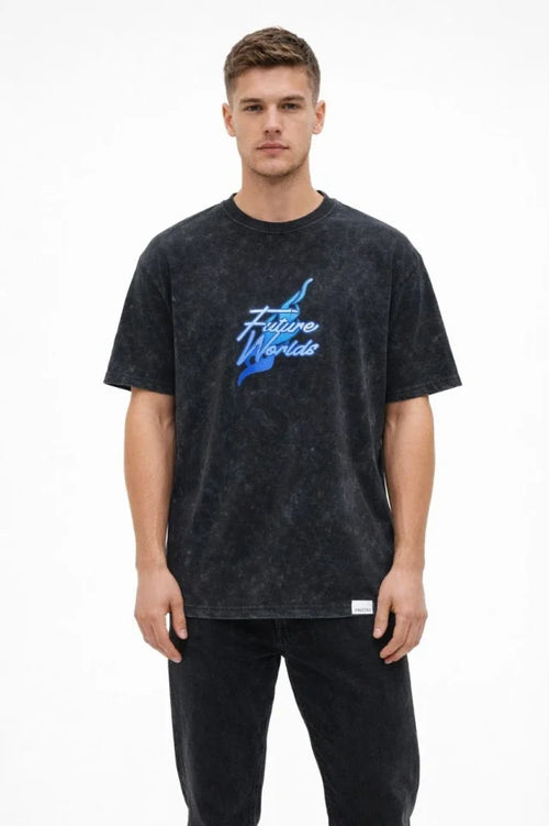 Erkek Asit Yıkamalı Oversize Tişört Future Worlds Baskılı Bisiklet Yaka Kısa Kollu Streetwear %100 Pamuk Street Style T-Shirt - Siyah (183663)