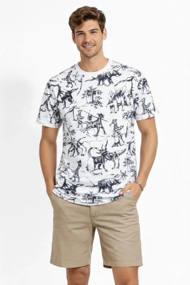 Erkek Beyaz Dinozor Desenli Tişört – Regular Fit, Bisiklet Yaka, Dijital Baskılı Pamuklu T-Shirt - Beyaz (183918)