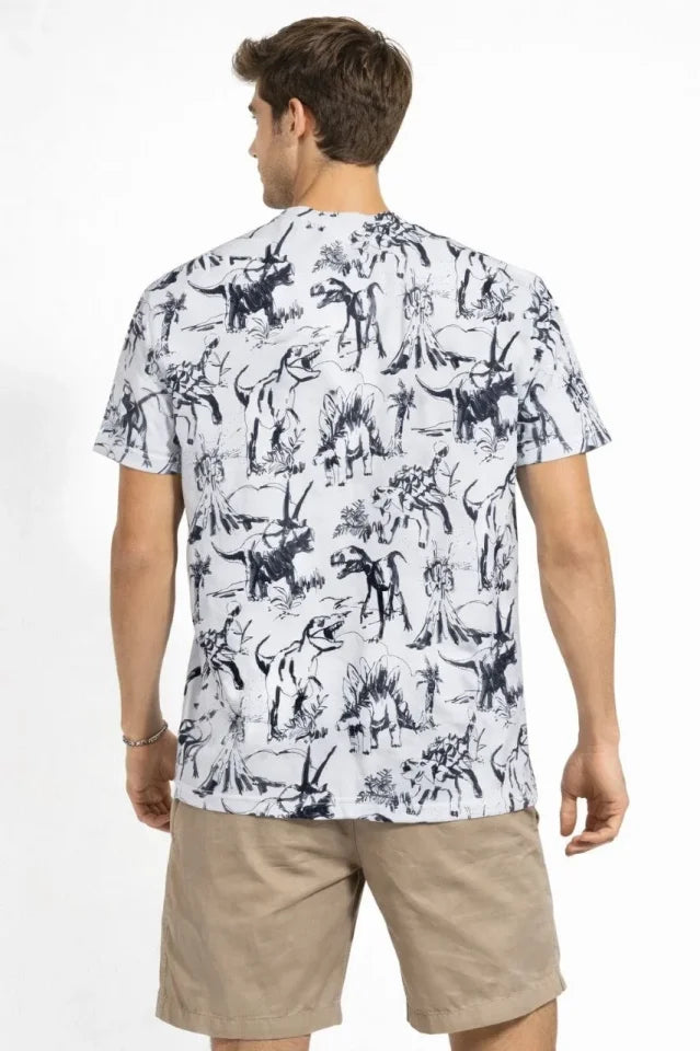 Erkek Beyaz Dinozor Desenli Tişört – Regular Fit, Bisiklet Yaka, Dijital Baskılı Pamuklu T-Shirt - Beyaz (183918)