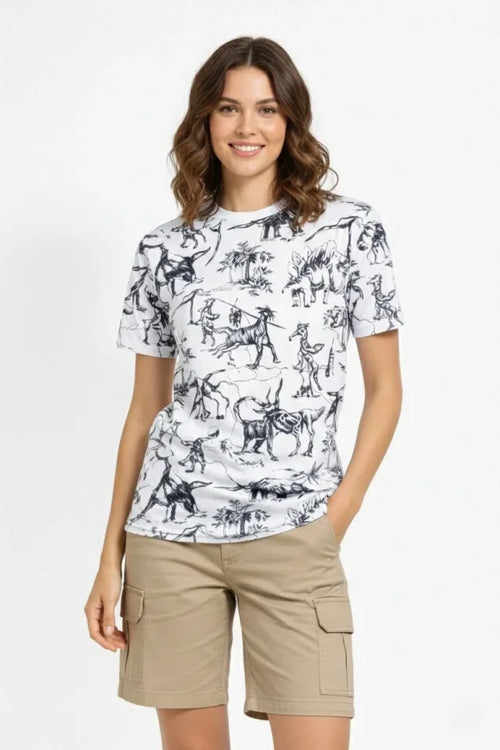 Beyaz Dinozor Desenli Tişört – Regular Kalıp, Bisiklet Yaka, Dijital Baskılı Pamuklu T-Shirt - Beyaz (183920)