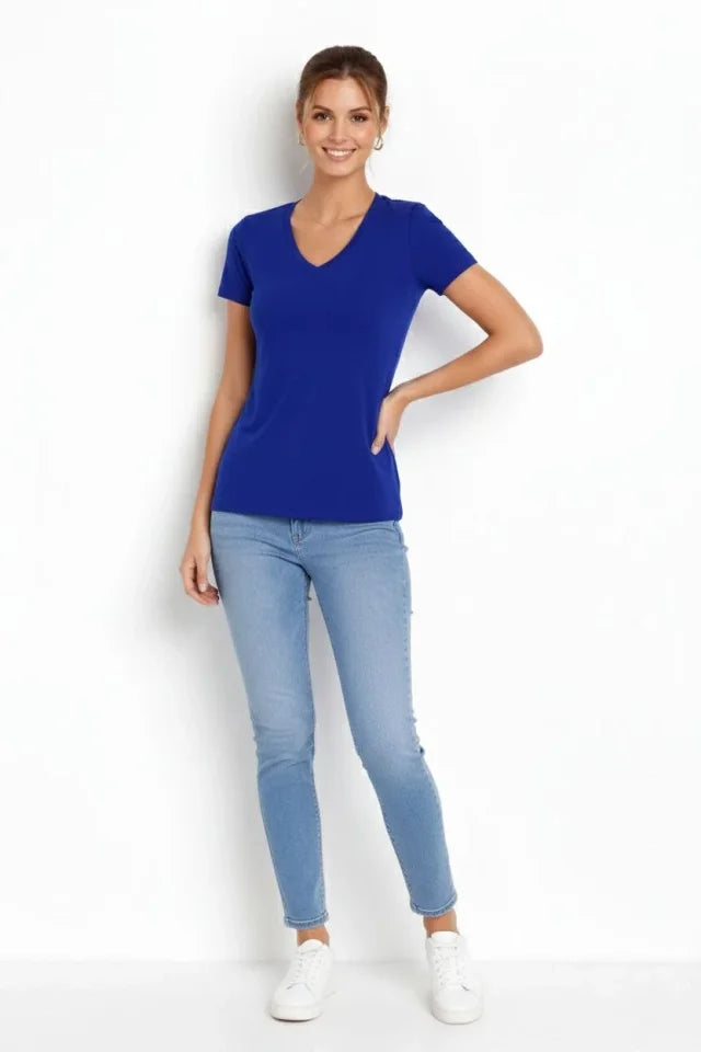 T-Shirt V Yaka Slim Fit Likralı Tişört Günlük Basic Body - İndigo (183953)