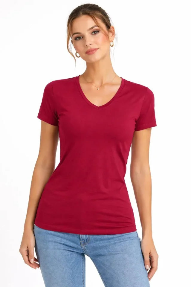 T-Shirt V Yaka Slim Fit Likralı Tişört Günlük Basic Body - Bordo (183957)