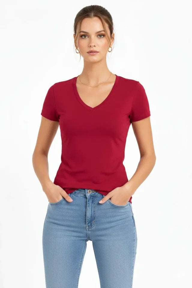 T-Shirt V Yaka Slim Fit Likralı Tişört Günlük Basic Body - Bordo (183957)