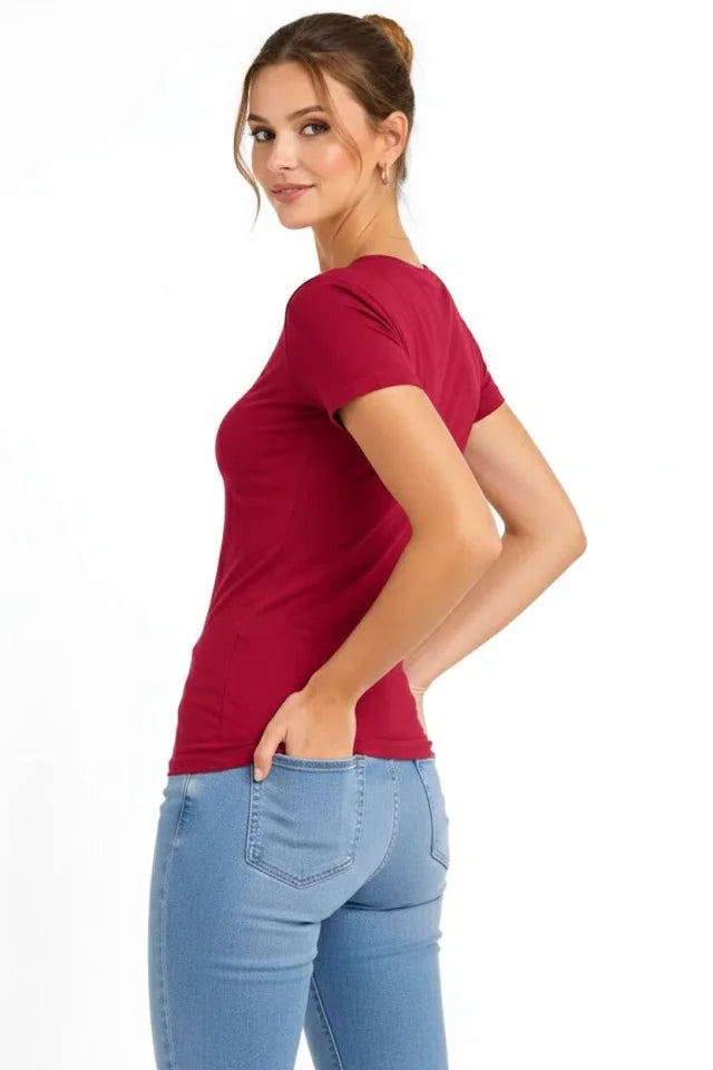 T-Shirt V Yaka Slim Fit Likralı Tişört Günlük Basic Body - Bordo (183957)