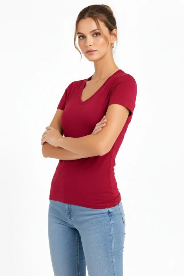 T-Shirt V Yaka Slim Fit Likralı Tişört Günlük Basic Body - Bordo (183957)